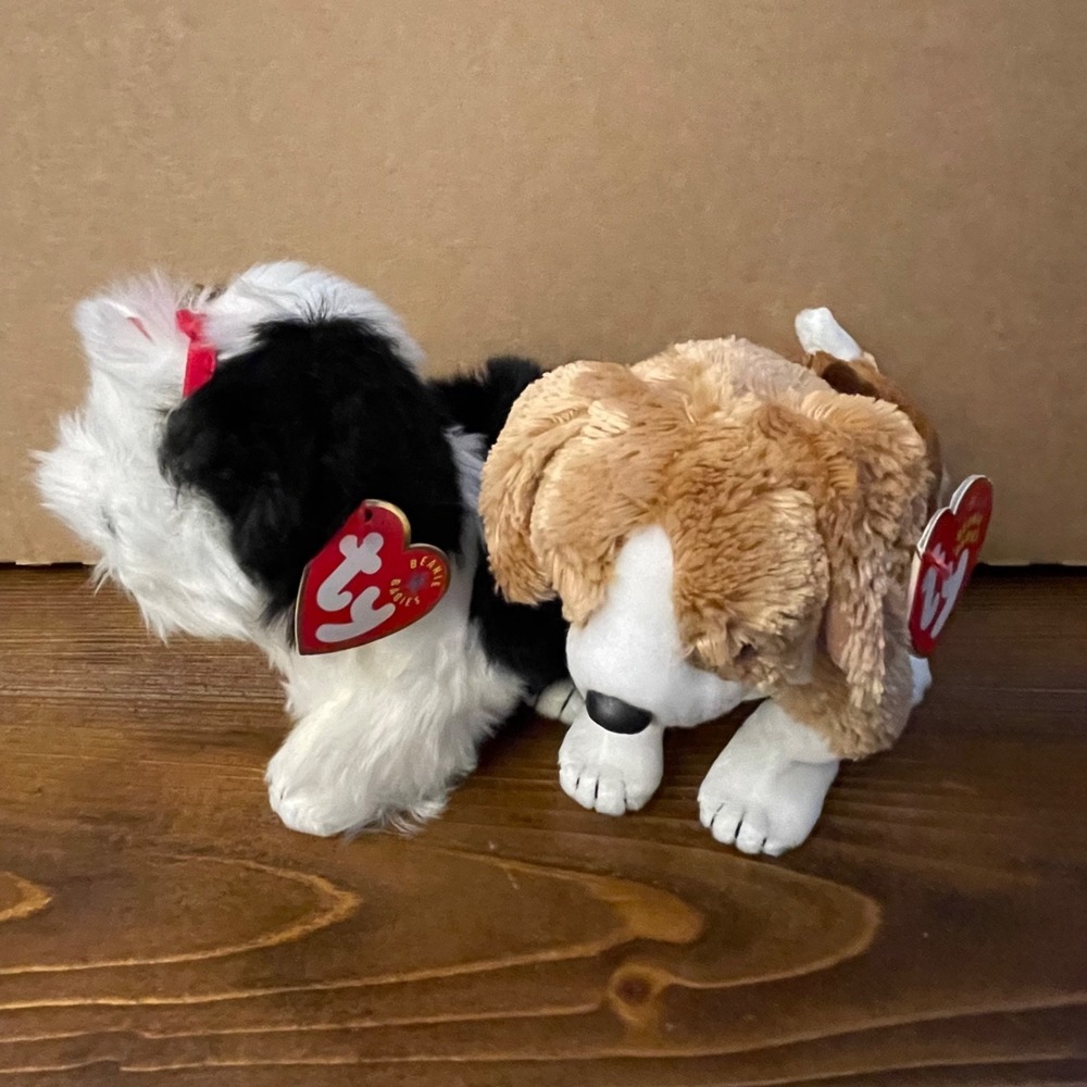 Ty Beanie Babies Dog Lot of 2 Poofie & Side-Kick Beagle Black Brown White Plush